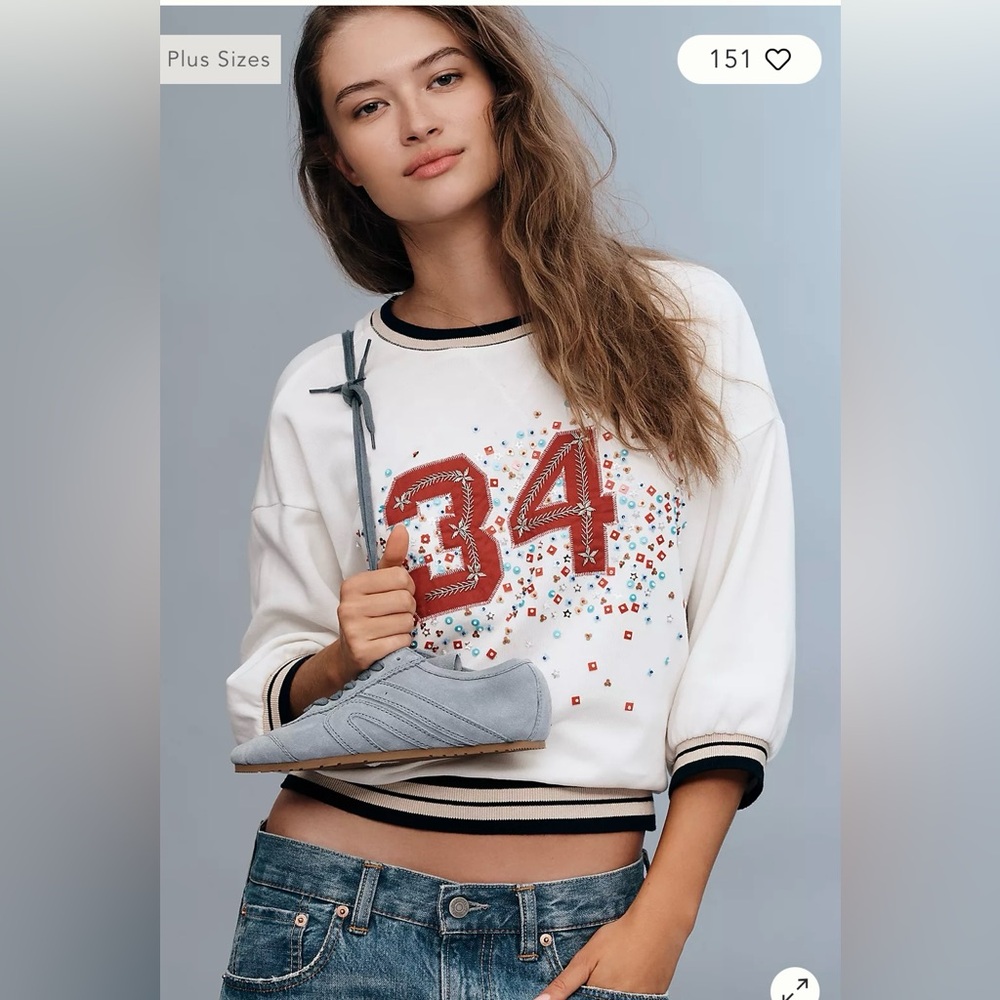 Pilcro/Anthropologie Beaded Varsity Crewneck Tee Size M. NWT